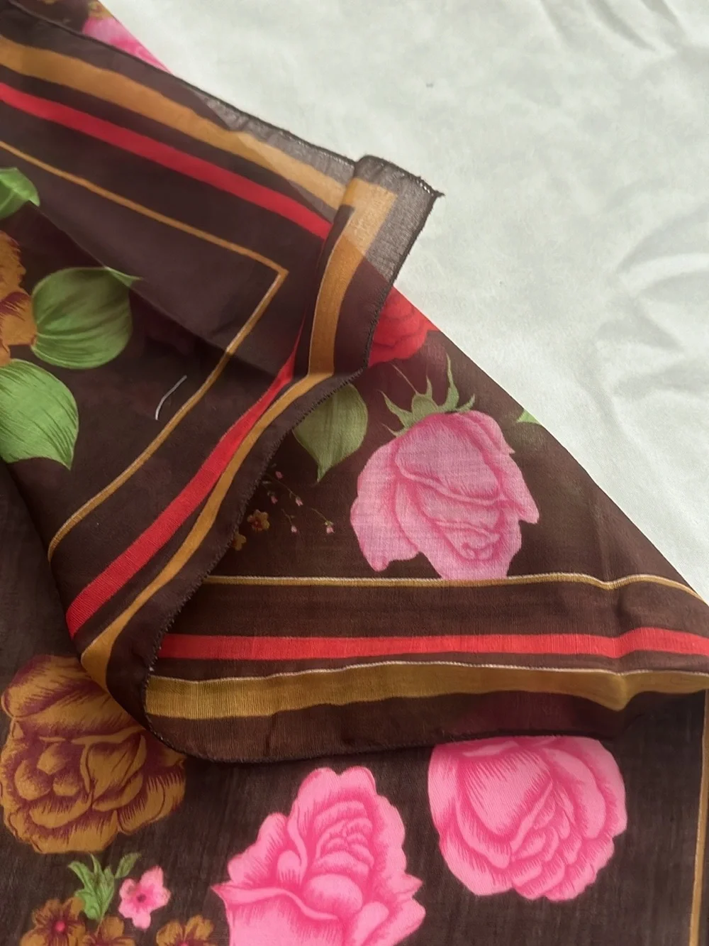 Vintage Floral Scarf Brown with Pink & Red Roses